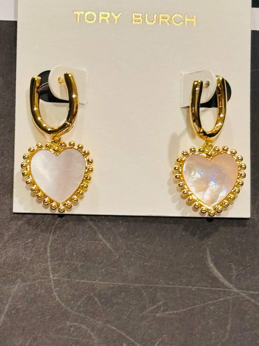 NWT Tory Burch Roxanne Mother of Pearl Heart Drop Huggie Earrings Gold